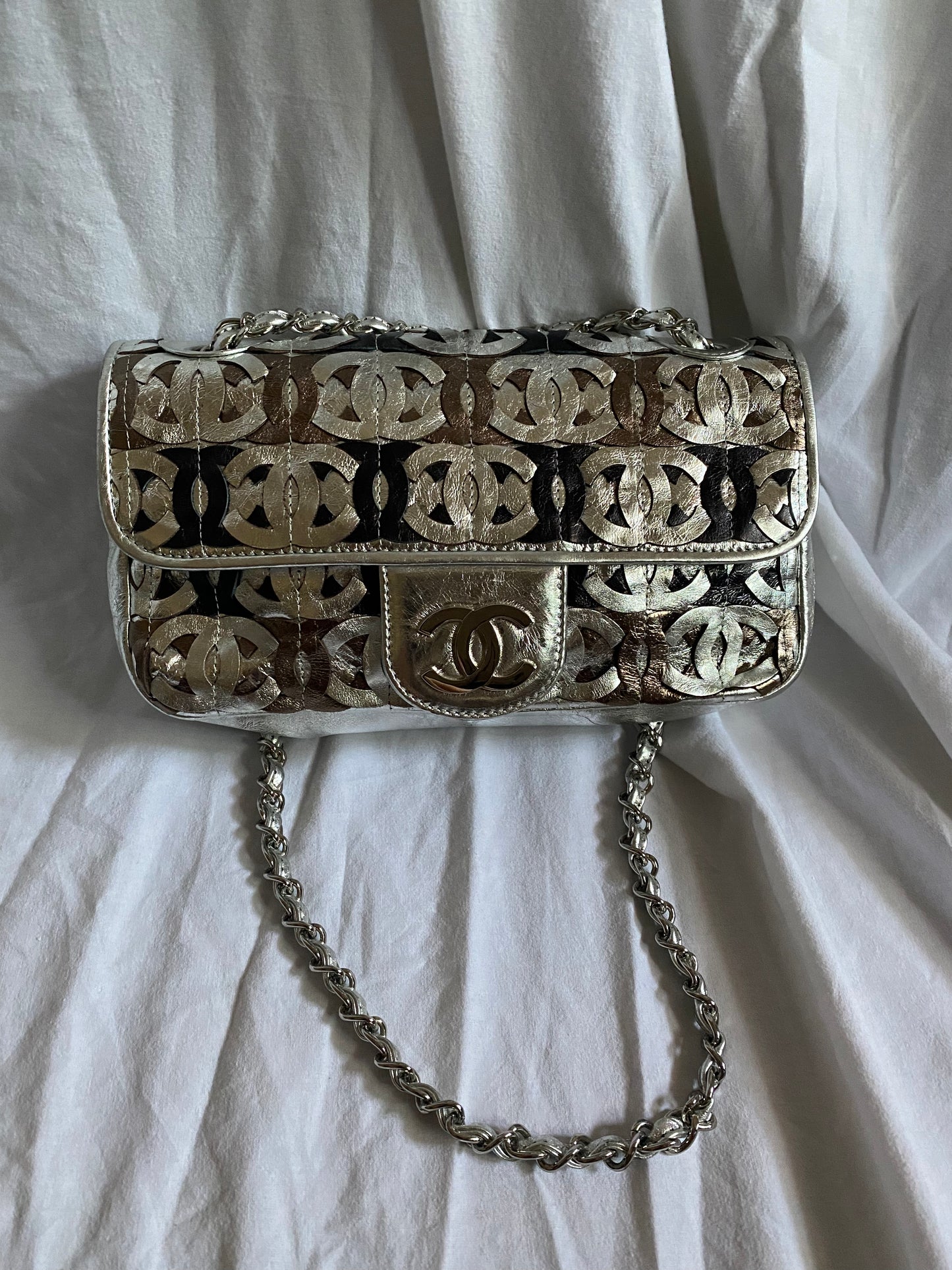 Chanel argento classic Flap cc laser cut metallic